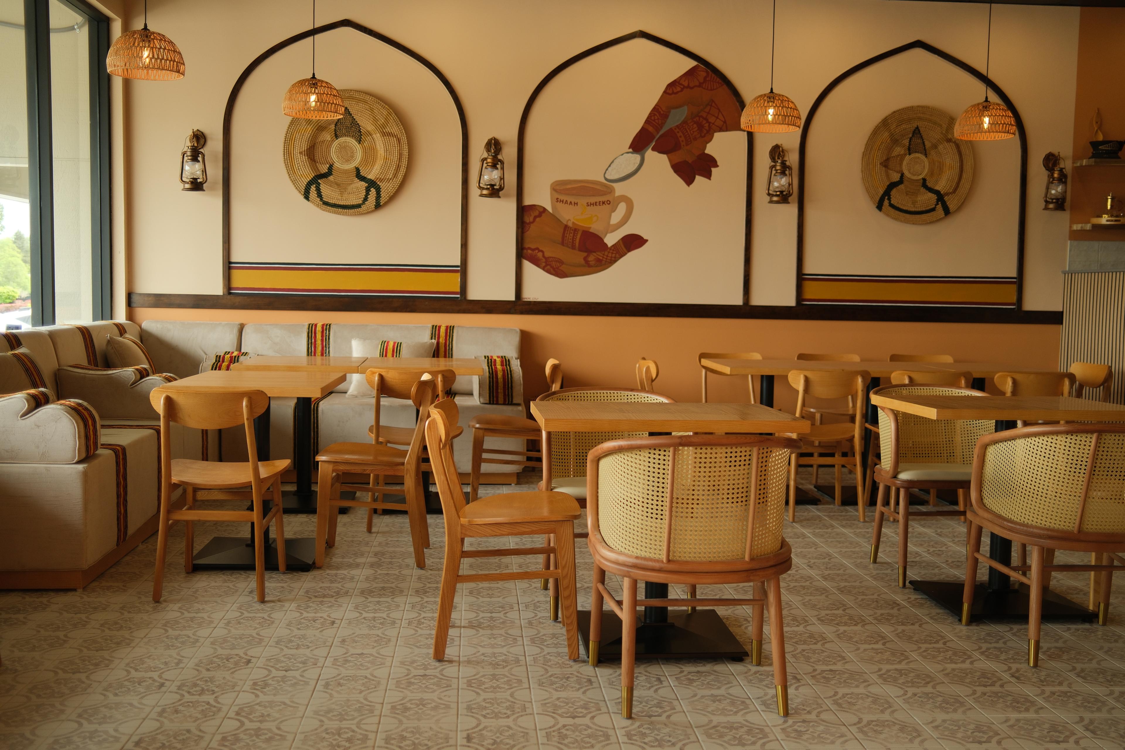Shaah & Sheeko cafe seating and Somali-inspired interior in Renton